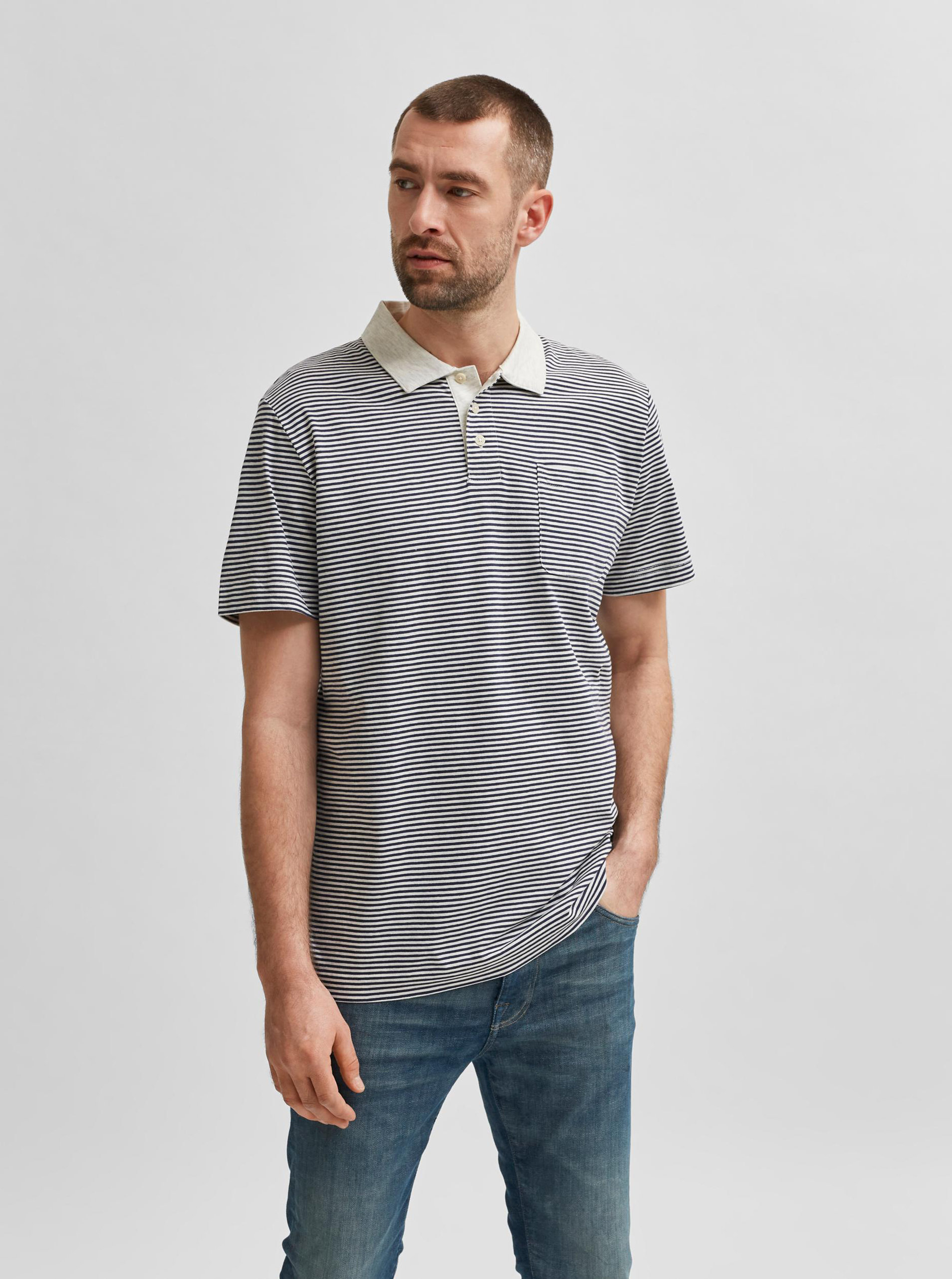 Fotografie Modro-bílé pruhované polo tričko Selected Homme