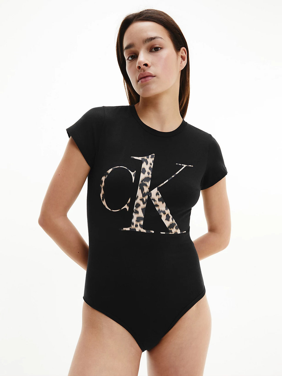 Fotografie Calvin Klein černé body Bodysuit s leopardím logem