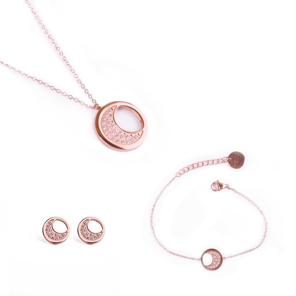 Fotografie Sada dámských naušnic,náramku a náhrdelníku v růžovozlaté barvě Vuch- Rose Gold Moon