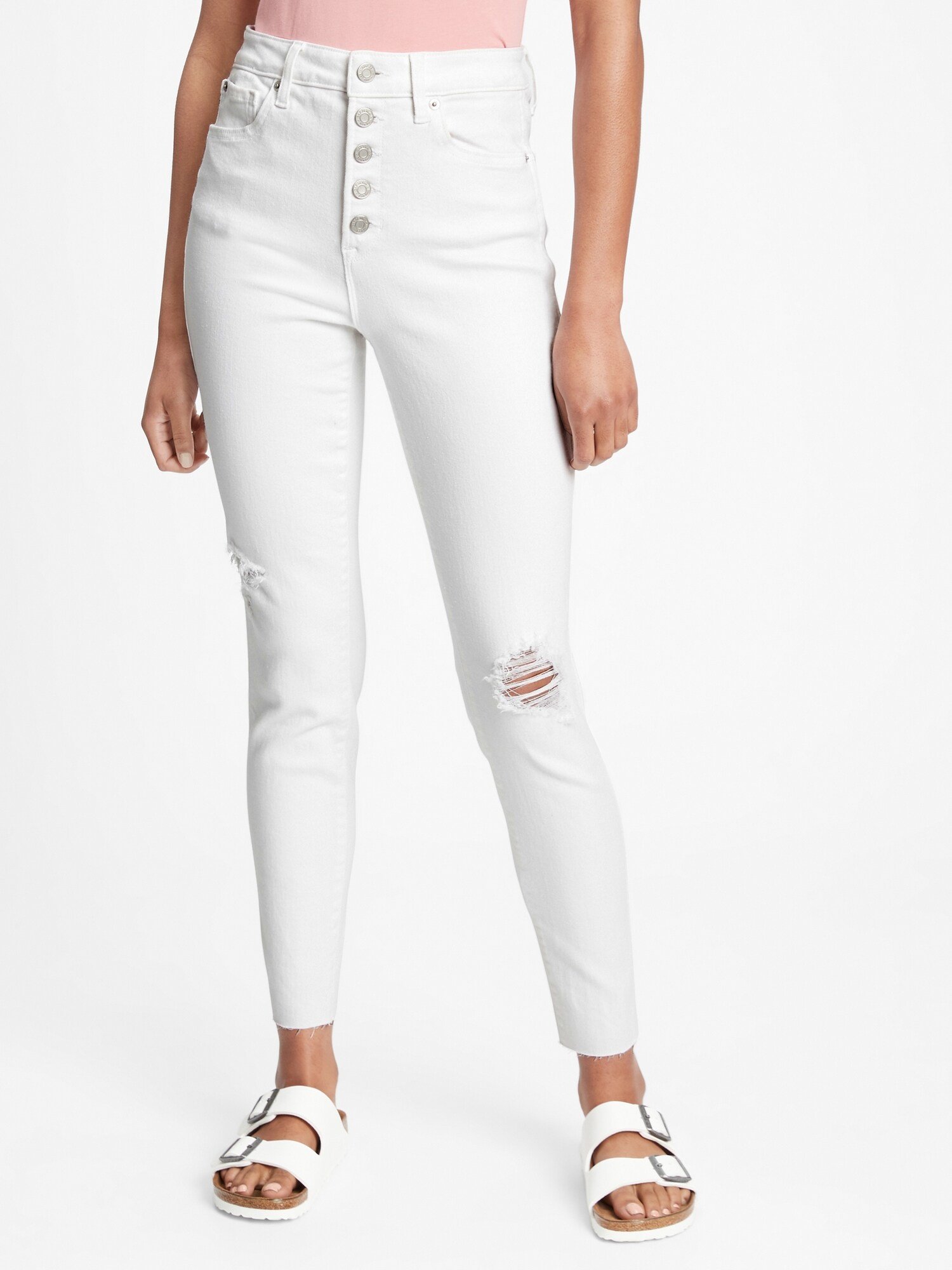 Bílé dámské džíny GAP high rise destructed universal legging jeans with button f