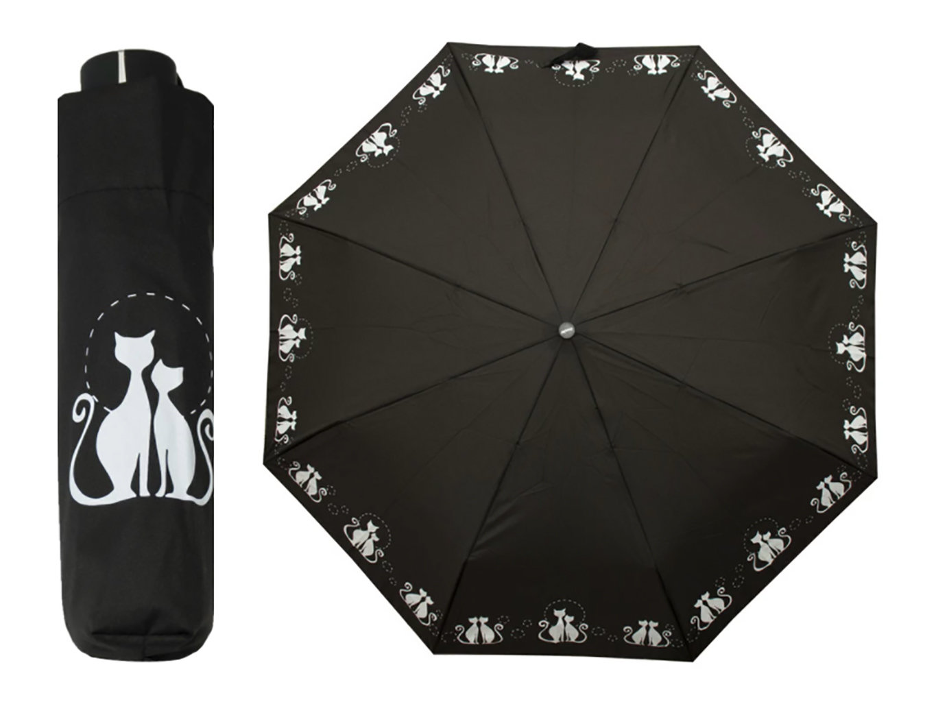 Fotografie Doppler Dreaming Cats dámský skládací deštník s bílými kočkami - Černá