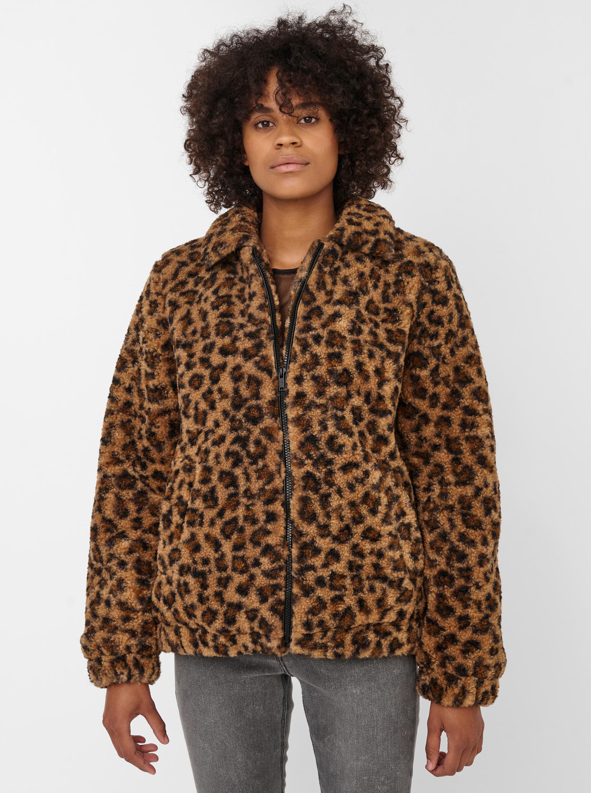 Hnědá bunda s leopardím vzorem a umělým kožíškem Noisy May Gabi