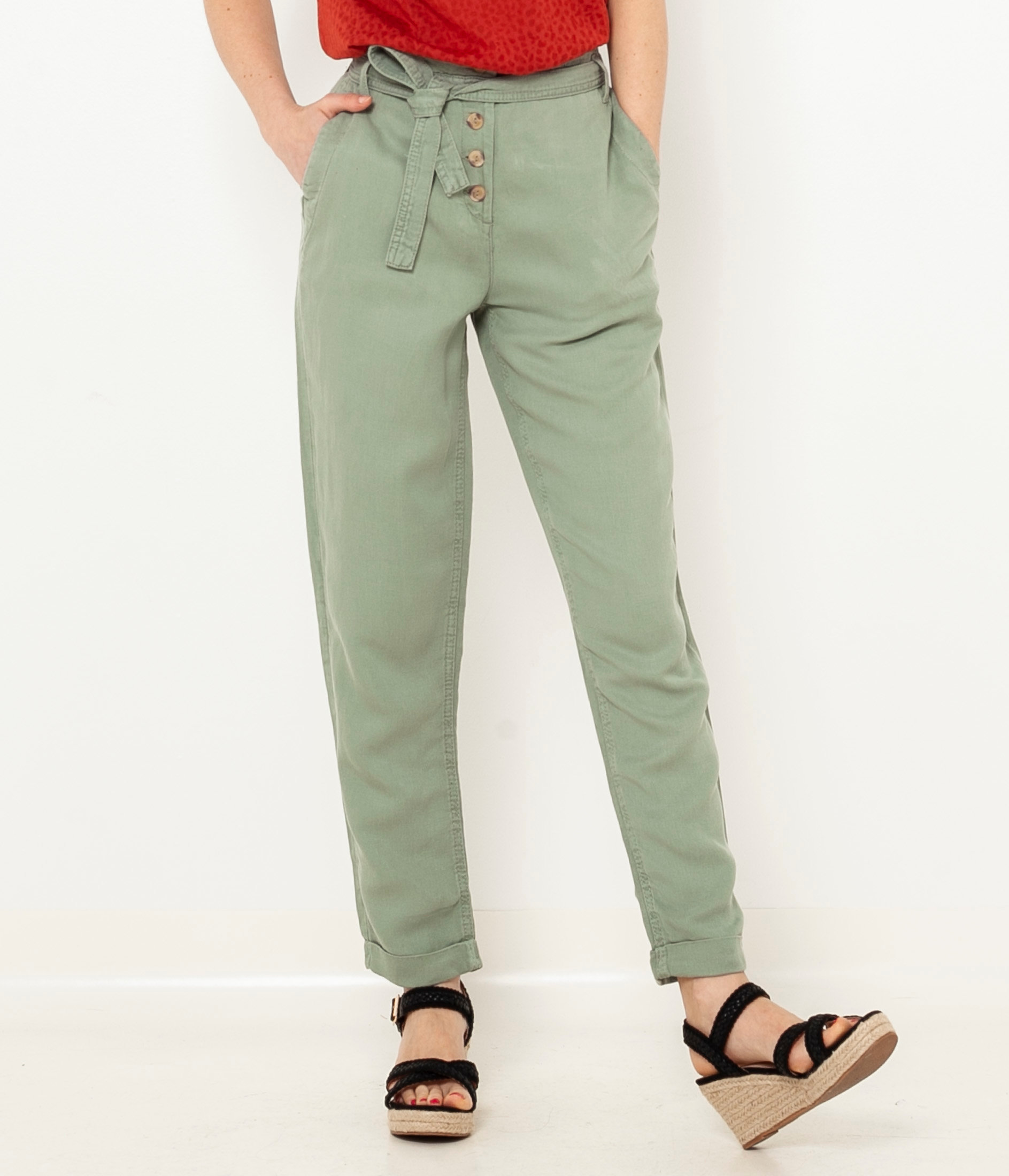 Fotografie Zelené lněné kalhoty CAMAIEU