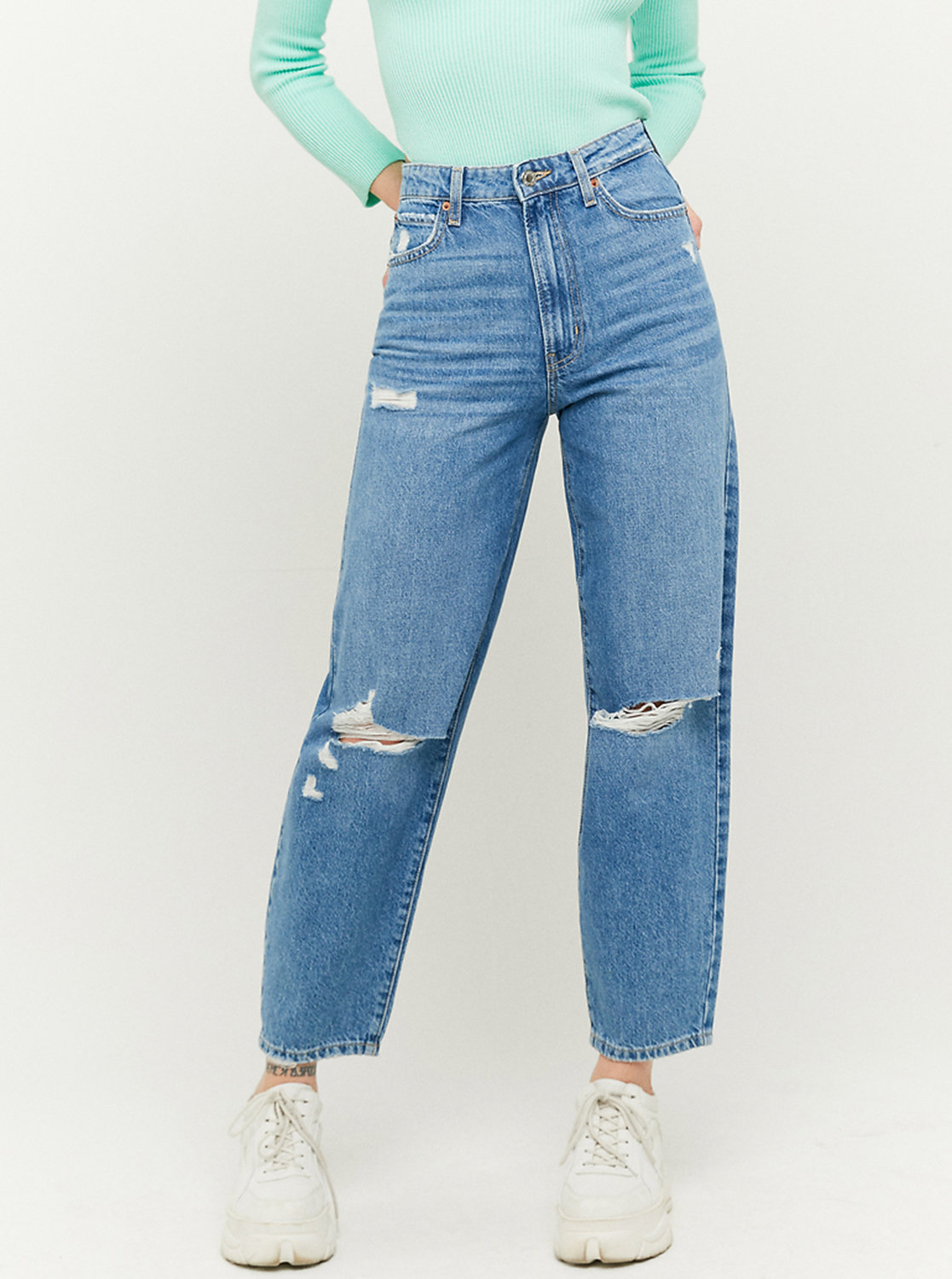 Fotografie Modré zkrácené straight fit džíny s potrhaným efektem TALLY WEiJL