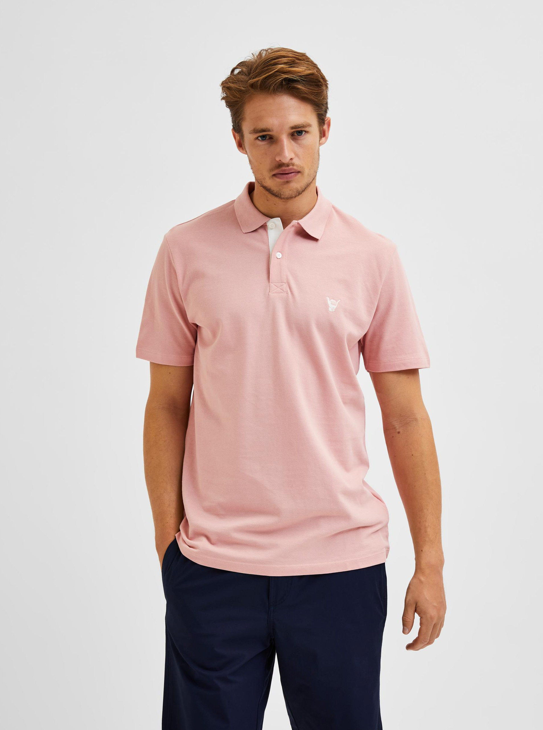 Fotografie Světle růžové polo tričko s výšivkou Selected Homme Lance