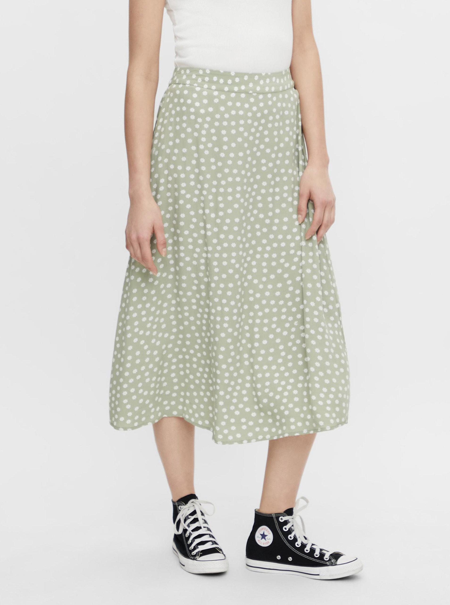 Světle zelené květovaná midi sukně Pieces Selma