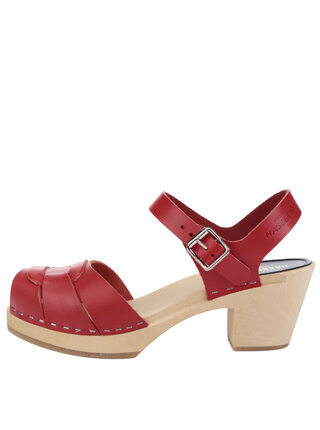 Dřeváky na podpatku s červenými koženými pásky Swedish Hasbeens Peep Toe High