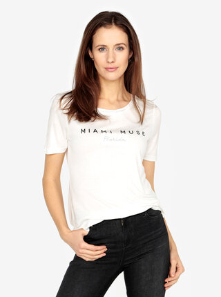 Tricou crem cu print si broderie VERO MODA Sola