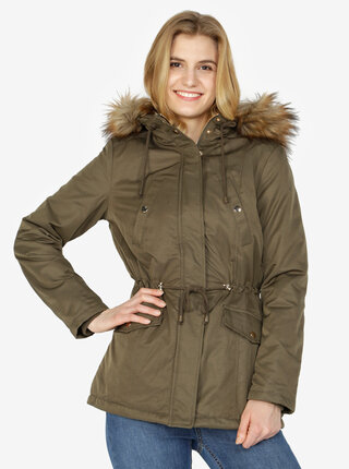 Khaki parka s umělou kožešinou Miss Selfridge