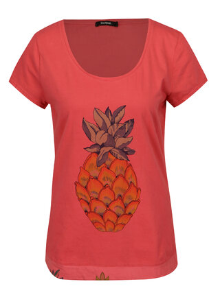 Tricou roz cu print ananas - Desigual Rachell