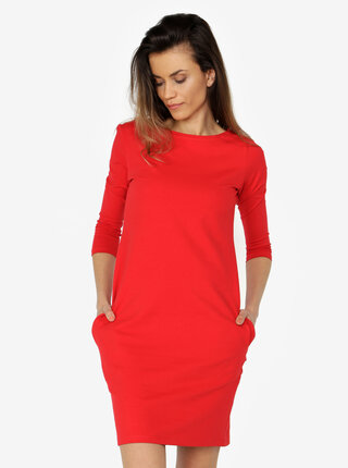 Rochie rosie cu decolteu barcuta si maneci 3/4 - ZOOT