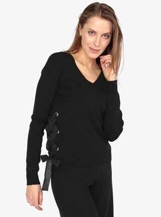 Černý svetr s véčkovým výstřihem a šněrováním VERO MODA Babetta