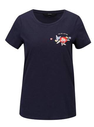 Tricou bleumarin cu print si broderie florala VERO MODA Yoshi