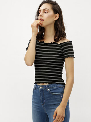 Černý pruhovaný crop top s odhalenými rameny Miss Selfridge