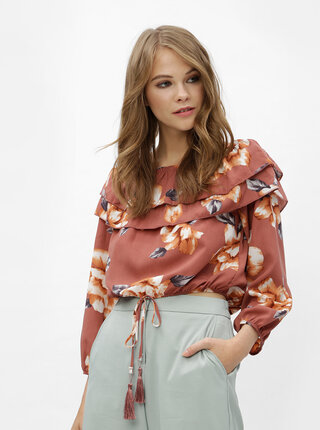 Cihlový květovaný crop top s odhalenými rameny Haily´s Enni