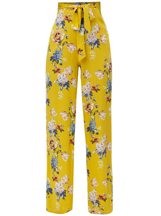Pantaloni galbeni lejeri cu model floral, talie inalta si cordon in talie Dorothy Perkins Tall