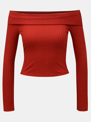 Červený rebrovaný crop top s odhalenými ramenami Miss Selfridge Jumbo