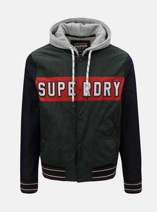 Jacheta bomber barbateasca albastru-verde cu hanorac cusut Superdry