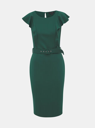 Tmavozelené púzdrové šaty s volánmi Dorothy Perkins