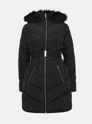 Čierny zimný prešívaný tehotenský kabát s umelým kožúškom Dorothy Perkins Maternity