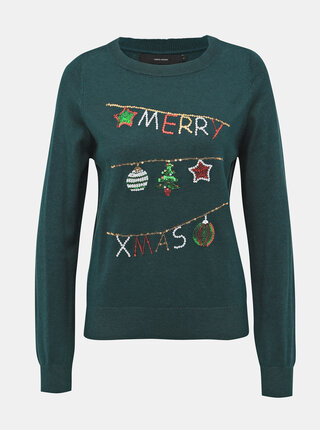 Tmavě zelený svetr s vánočním motivem VERO MODA Merry