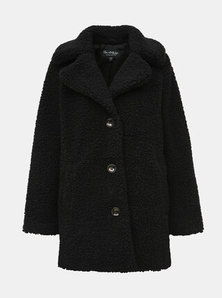 Černý kabát z umělého kožíšku Miss Selfridge