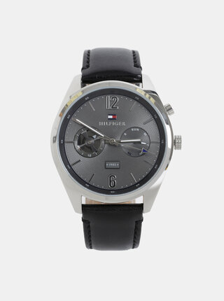 Pánske hodinky s čiernym koženým remienkom Tommy Hilfiger
