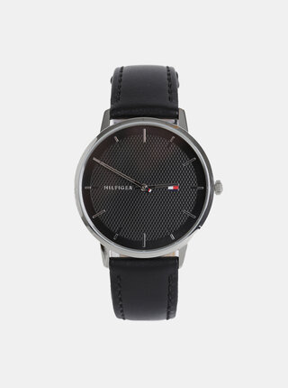 Pánské hodinky s černým koženým páskem Tommy Hilfiger