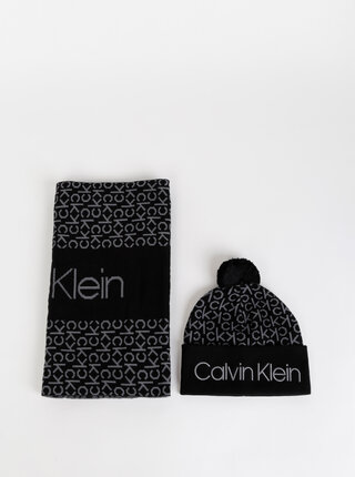 Sada čiernej dámskej vzorovanej čapice a šálu Calvin Klein Jeans