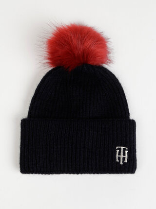 Tmavě modrá dámská vlněná čepice s bambulí Tommy Hilfiger