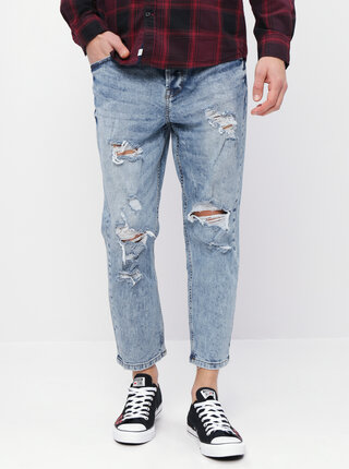 Blugi albastri melanj cropped din denim cu aspect uzat si prespalat ONLY & SONS Beam