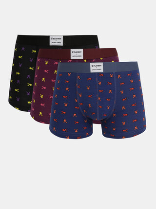 Sada tří vzorovaných boxerek v modré, vínové a černé barvě Jack & Jones Playboy