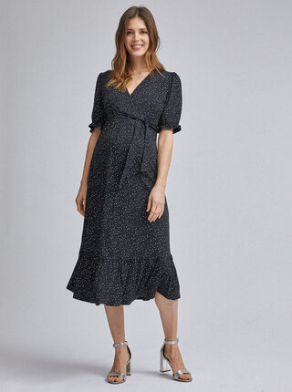 Čierne bodkované tehotenské midišaty Dorothy Perkins Maternity
